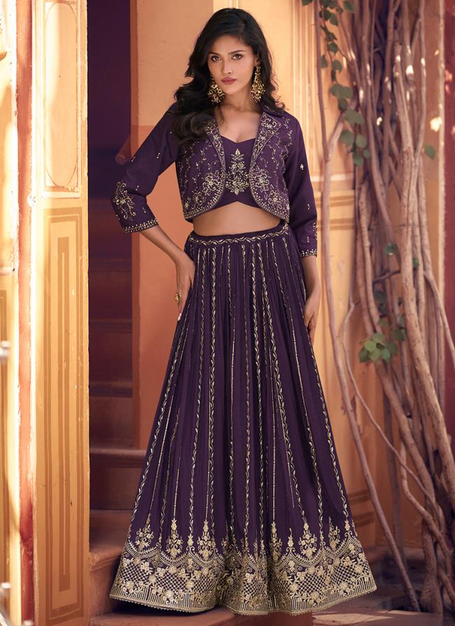 Silk Purple Party Wear Embroidery Work Readymade Indo Western Lehenga